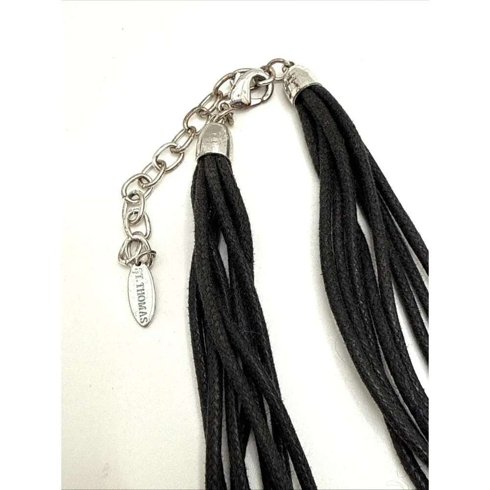 Vintage St. Thomas Pendant Necklace Ornate Amulet Multi Strand Black Cord 20”